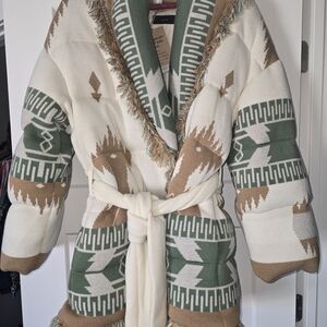 Women's Patterned Puffer Jacket - Cream, Green, and Brown
